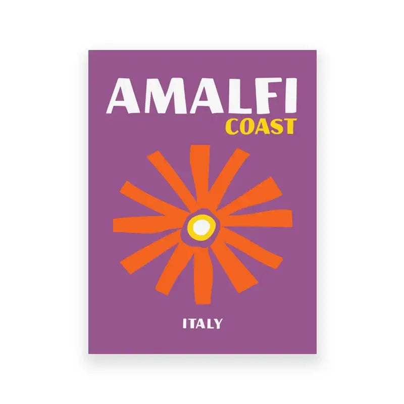 Purple rectangular travel poster art print featuring amalfi coast italy text and stylized orange sunburst design