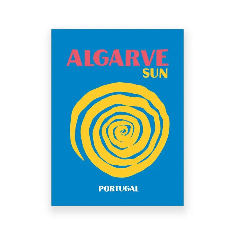 Vibrant blue DecorBites™ colorful travel poster featuring a bold yellow spiral sun design for Algarve Portugal beach art prints