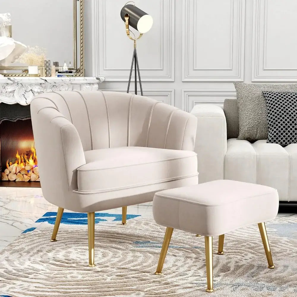 Decorbites comfortable beige bucket armchair and ottoman living room