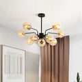 DecorBites™ Contemporary Amber Glass Chandelier - 10-Bulb Sphere Pendant Ceiling Light in Black for Living Room