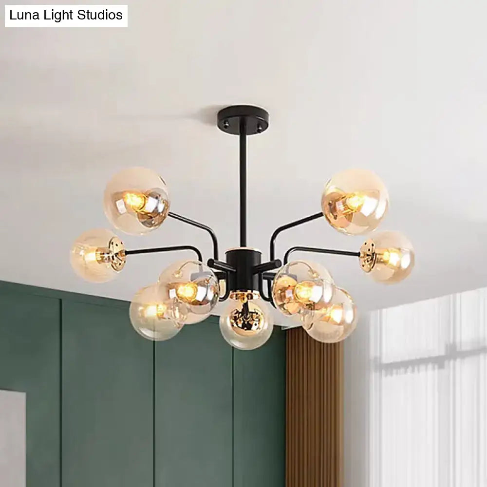 DecorBites™ Contemporary Amber Glass Chandelier - 10-Bulb Sphere Pendant Ceiling Light in Black for Living Room