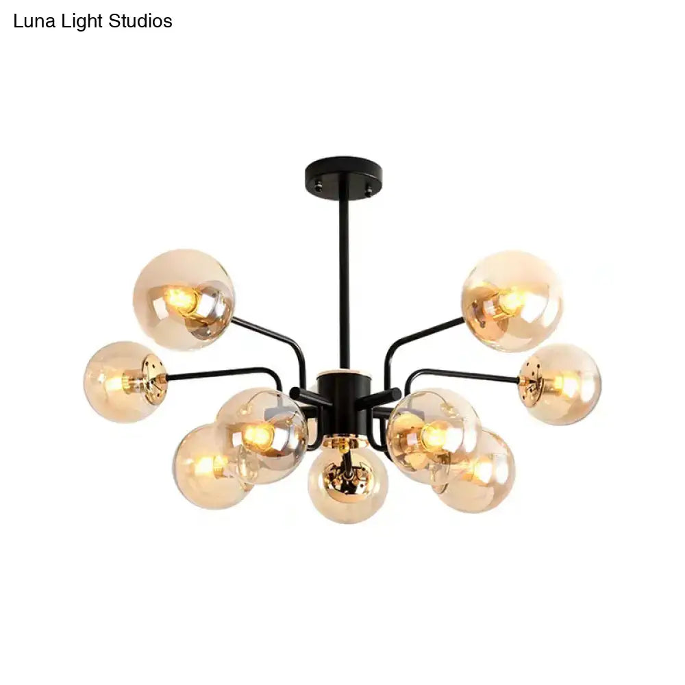 DecorBites™ Contemporary Amber Glass Chandelier - 10-Bulb Sphere Pendant Ceiling Light in Black for Living Room