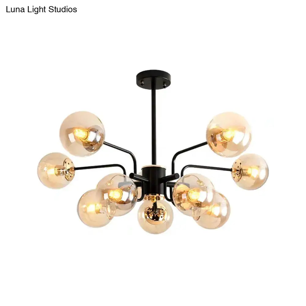 DecorBites™ Contemporary Amber Glass Chandelier - 10-Bulb Sphere Pendant Ceiling Light in Black for Living Room
