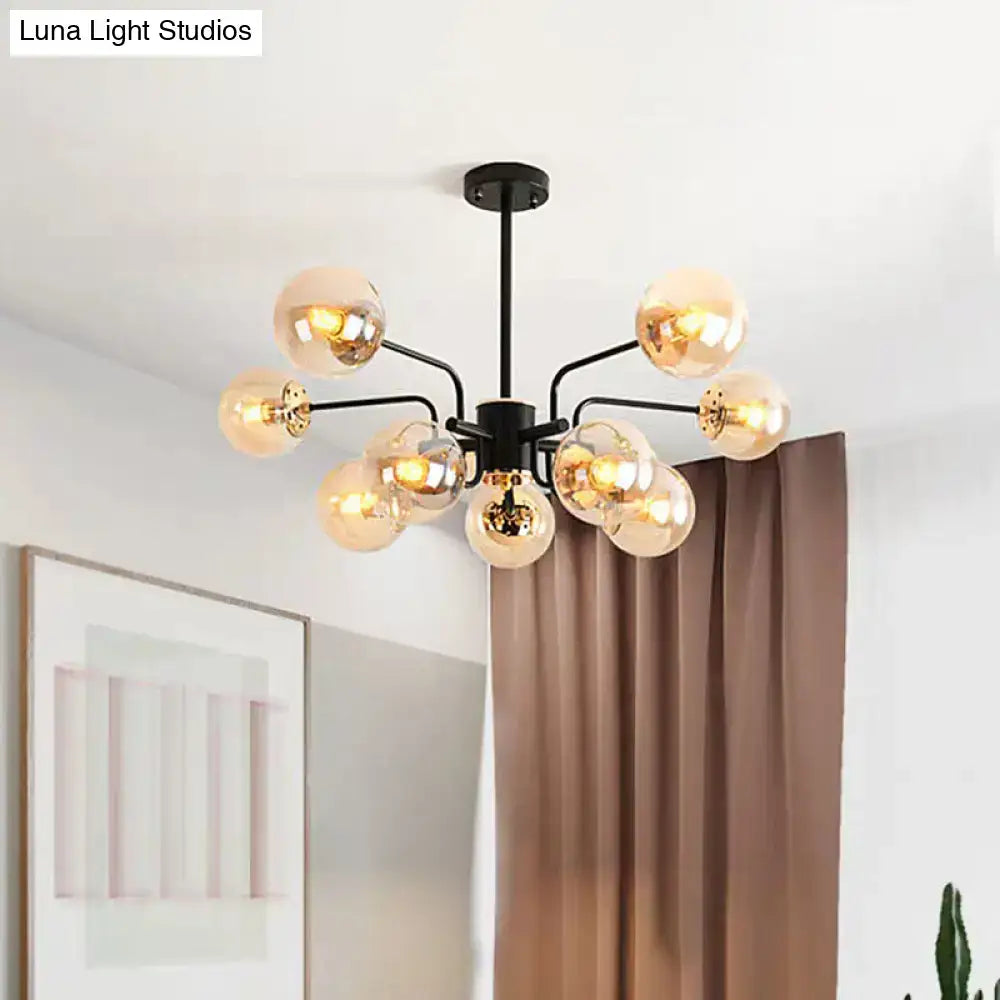 DecorBites™ Contemporary Amber Glass Chandelier - 10-Bulb Sphere Pendant Ceiling Light in Black for Living Room