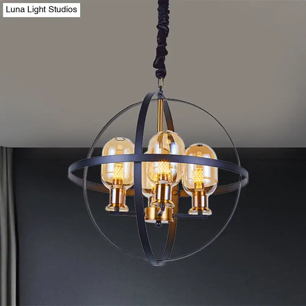 DecorBites™ Contemporary Amber Glass Pendant Chandelier with Orb Frame Design - 4/6-Light Suspension Lamp in Black-Gold