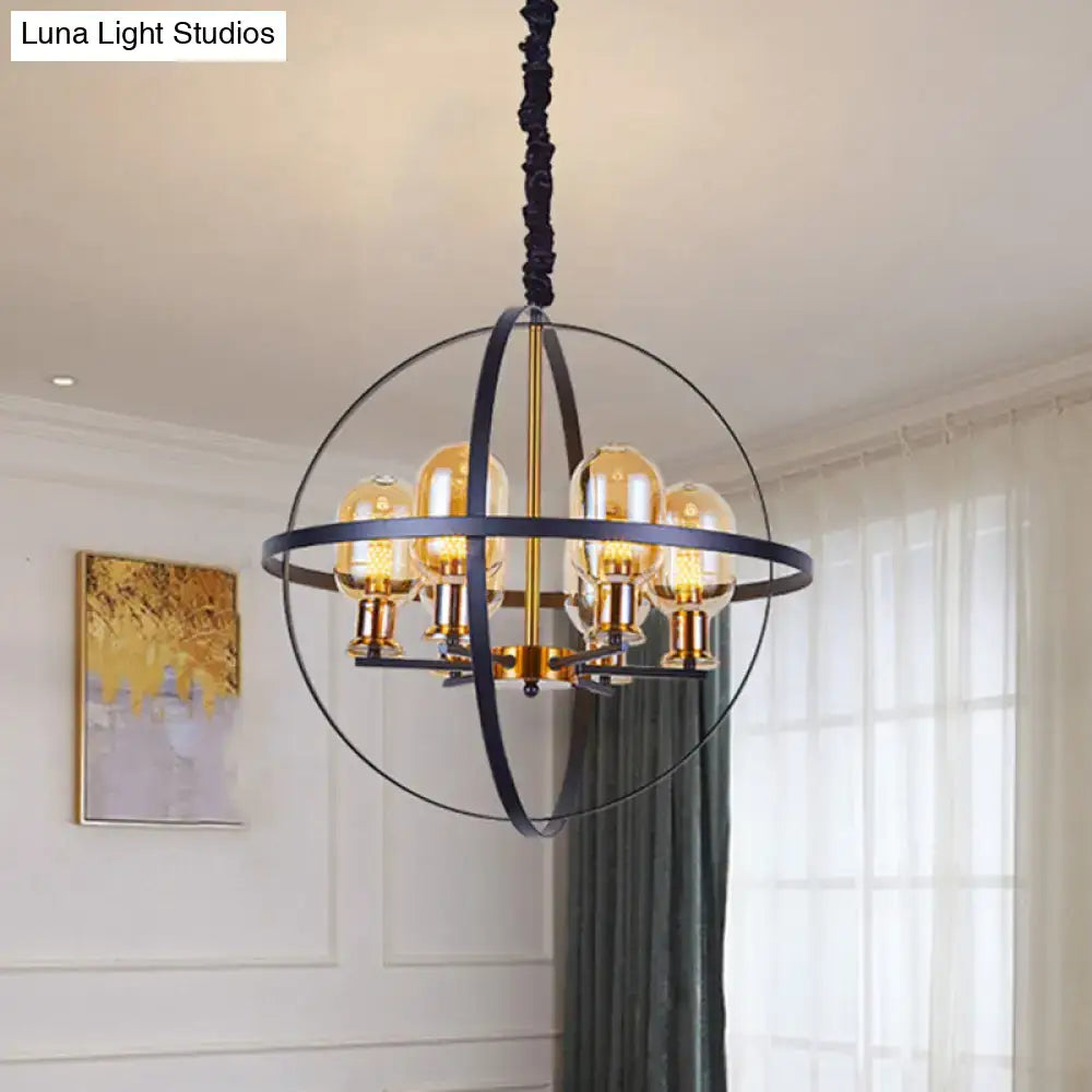 DecorBites™ Contemporary Amber Glass Pendant Chandelier with Orb Frame Design - 4/6-Light Suspension Lamp in Black-Gold