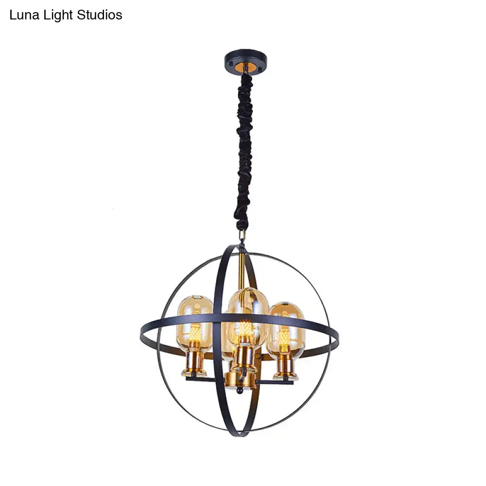 DecorBites™ Contemporary Amber Glass Pendant Chandelier with Orb Frame Design - 4/6-Light Suspension Lamp in Black-Gold