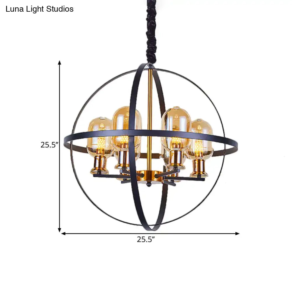 DecorBites™ Contemporary Amber Glass Pendant Chandelier with Orb Frame Design - 4/6-Light Suspension Lamp in Black-Gold