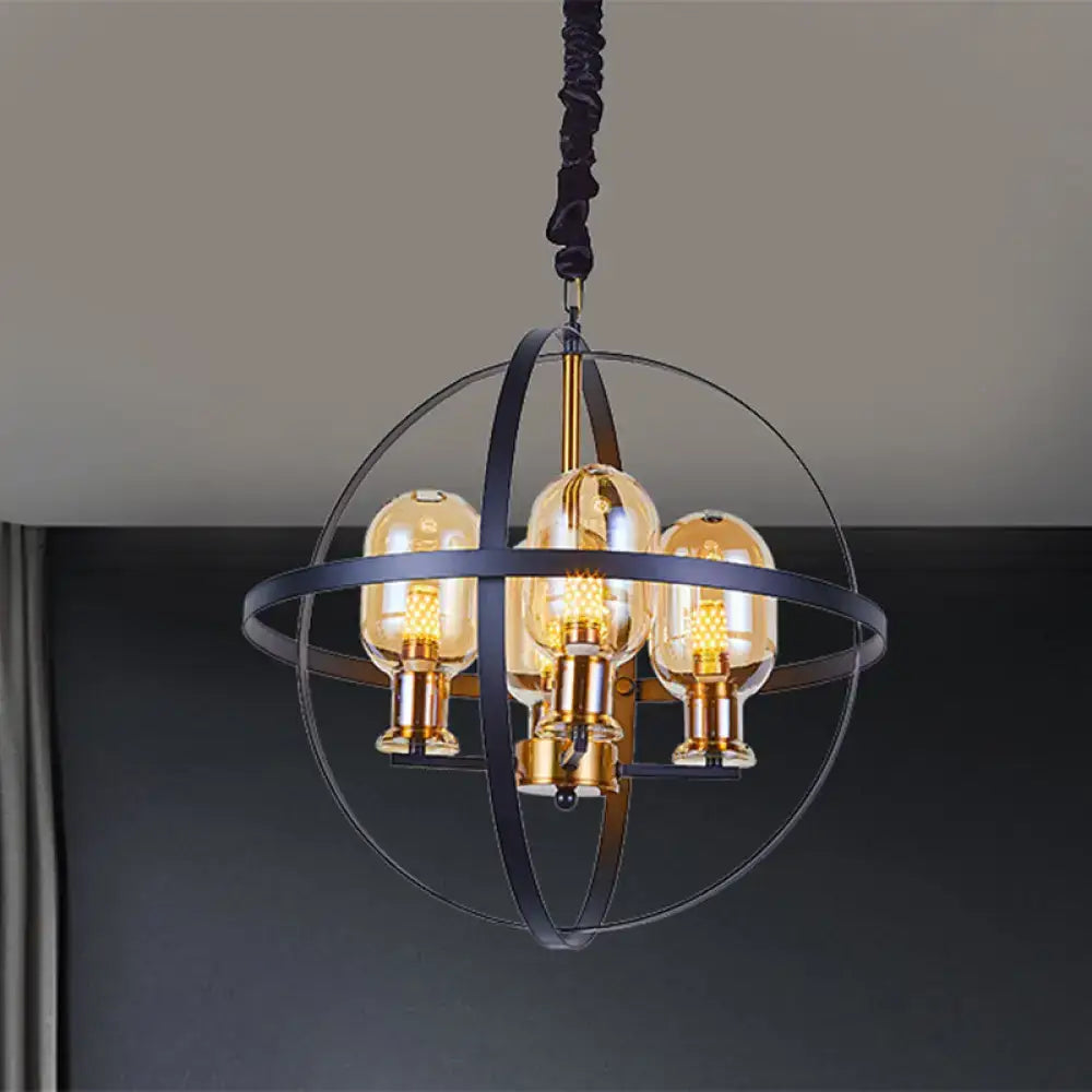 DecorBites™ Contemporary Amber Glass Pendant Chandelier with Orb Frame Design - 4/6-Light Suspension Lamp in Black-Gold