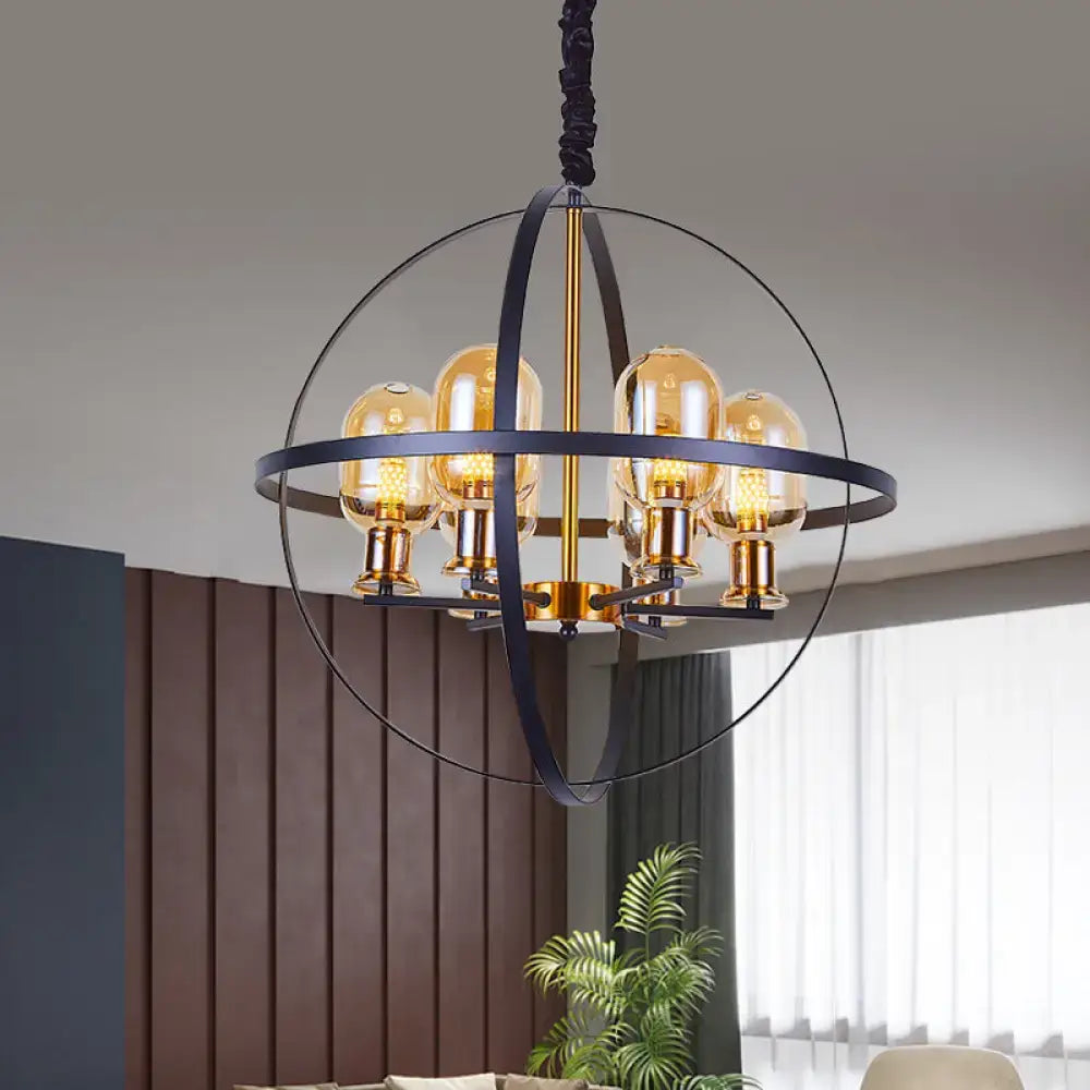 DecorBites™ Contemporary Amber Glass Pendant Chandelier with Orb Frame Design - 4/6-Light Suspension Lamp in Black-Gold