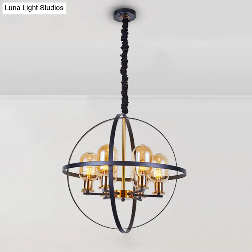 DecorBites™ Contemporary Amber Glass Pendant Chandelier with Orb Frame Design - 4/6-Light Suspension Lamp in Black-Gold