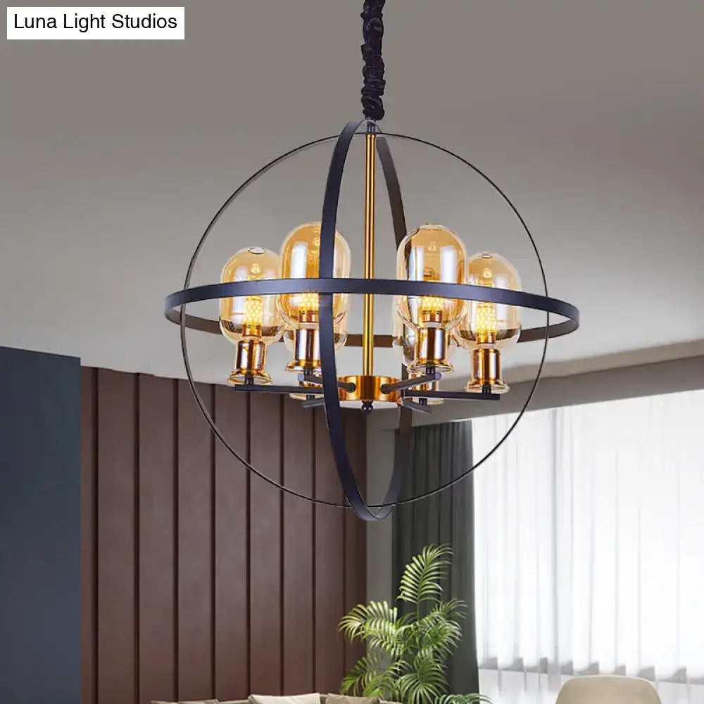 DecorBites™ Contemporary Amber Glass Pendant Chandelier with Orb Frame Design - 4/6-Light Suspension Lamp in Black-Gold