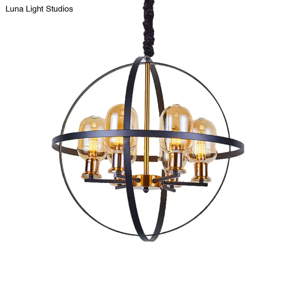 DecorBites™ Contemporary Amber Glass Pendant Chandelier with Orb Frame Design - 4/6-Light Suspension Lamp in Black-Gold
