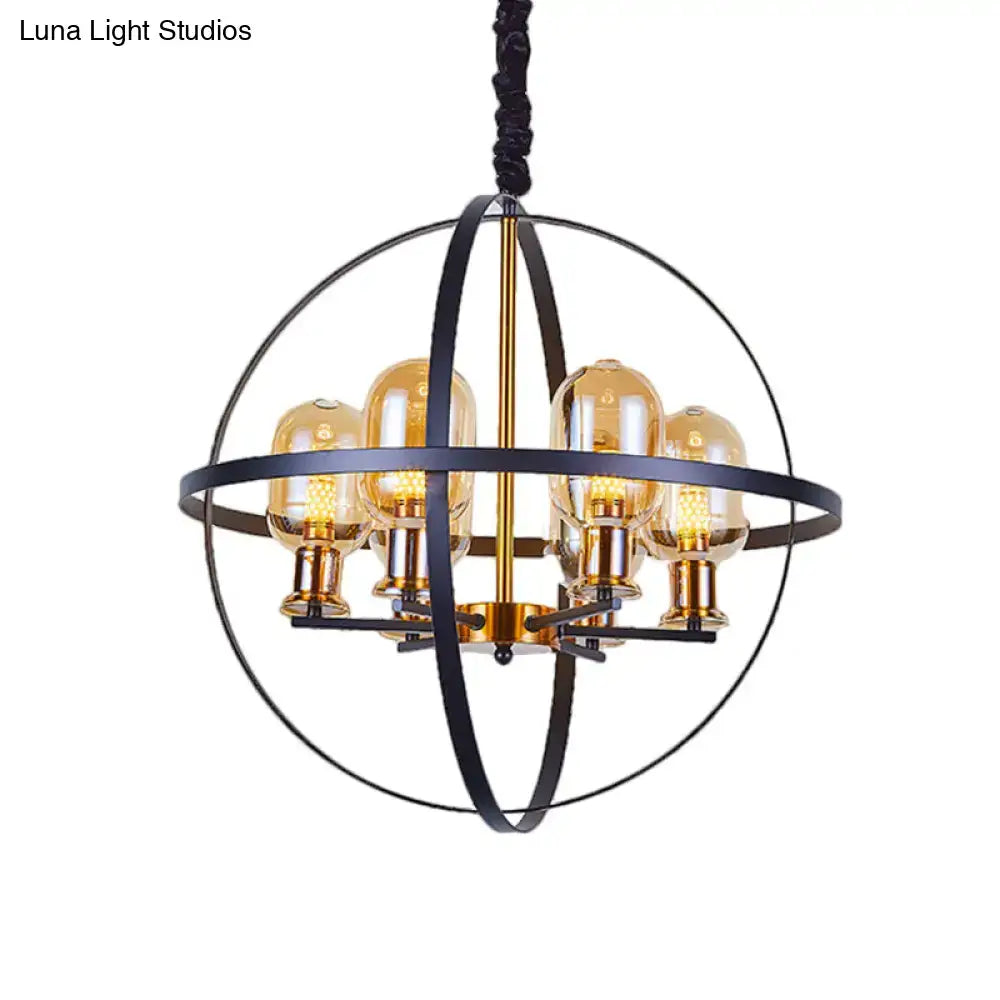 DecorBites™ Contemporary Amber Glass Pendant Chandelier with Orb Frame Design - 4/6-Light Suspension Lamp in Black-Gold