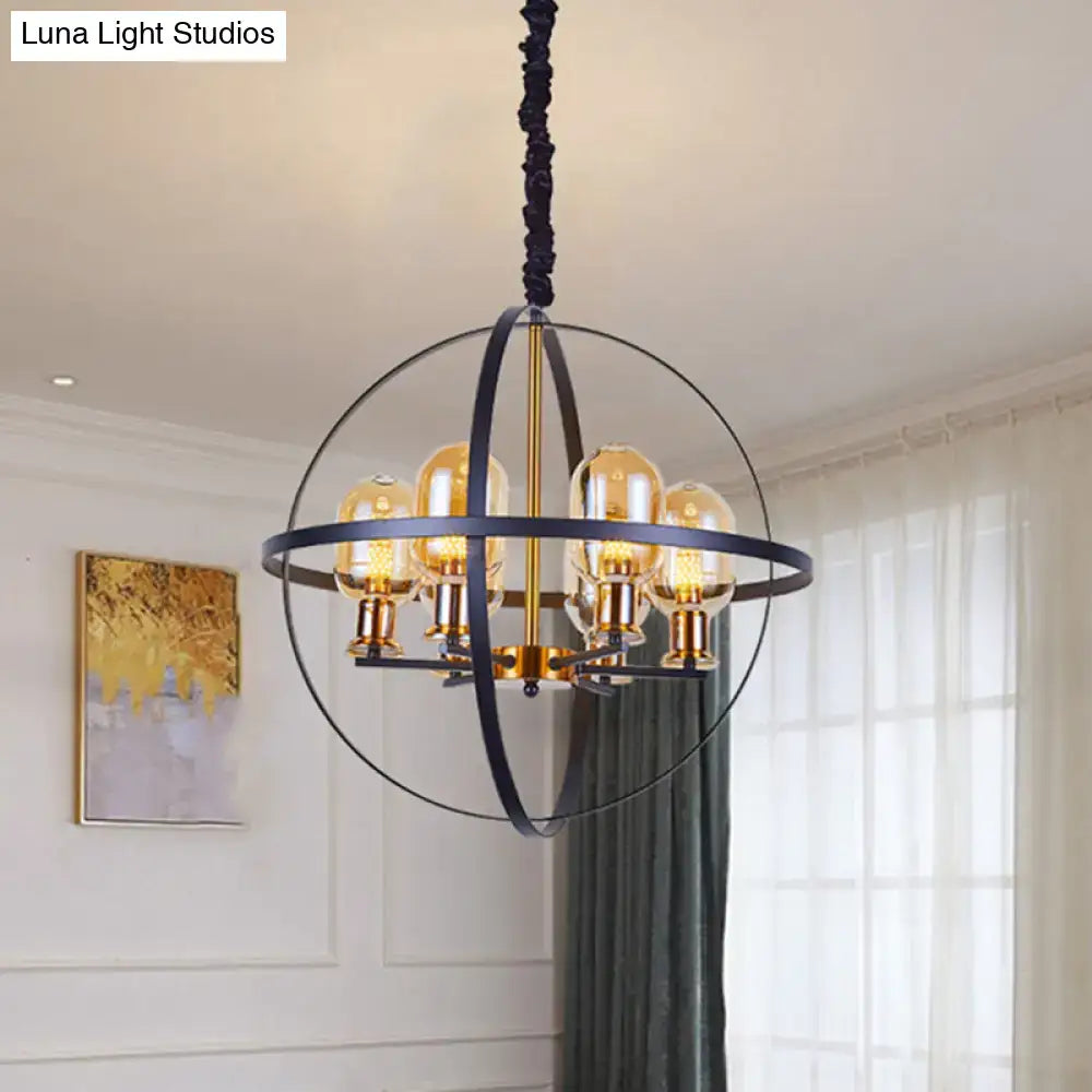 DecorBites™ Contemporary Amber Glass Pendant Chandelier with Orb Frame Design - 4/6-Light Suspension Lamp in Black-Gold