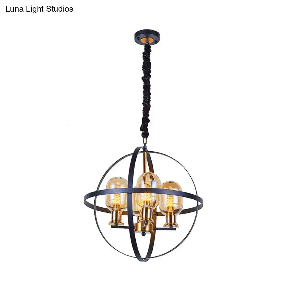 DecorBites™ Contemporary Amber Glass Pendant Chandelier with Orb Frame Design - 4/6-Light Suspension Lamp in Black-Gold