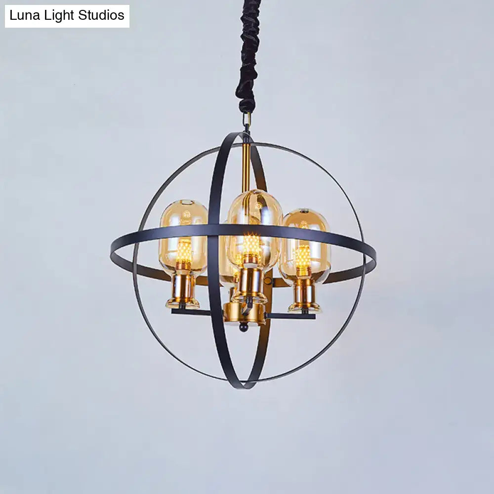 DecorBites™ Contemporary Amber Glass Pendant Chandelier with Orb Frame Design - 4/6-Light Suspension Lamp in Black-Gold