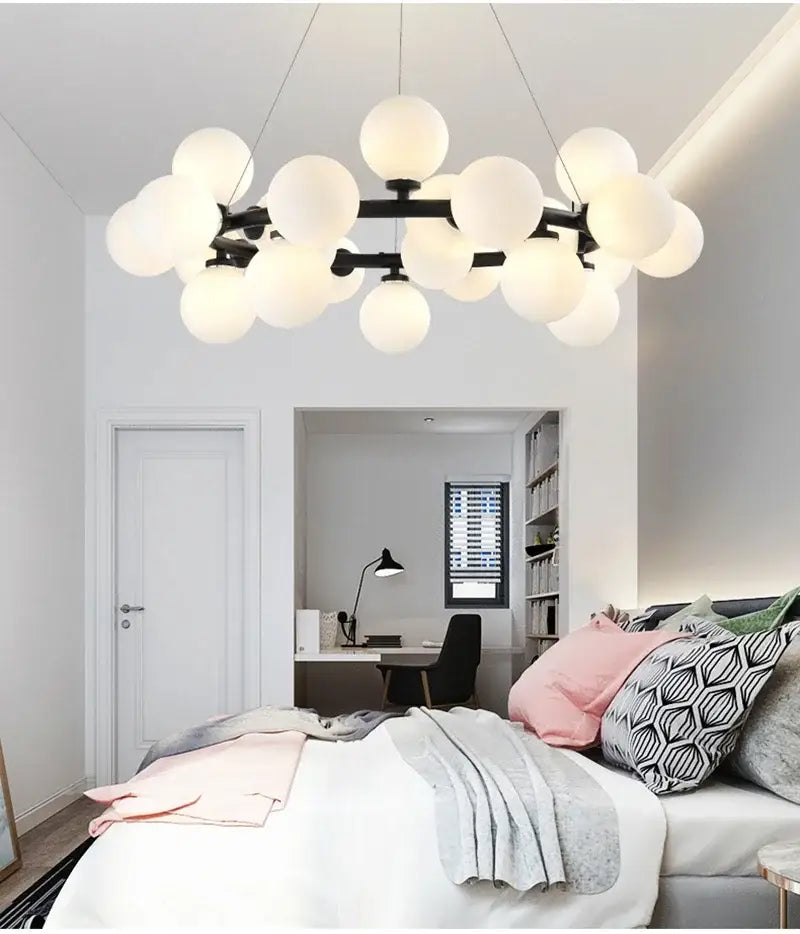 DecorBites™ Contemporary Black and Gold Chandelier - White Glass Ball