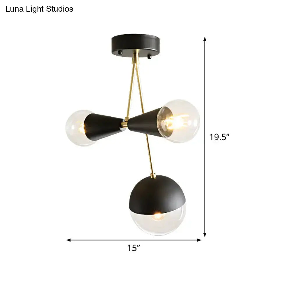 DecorBites™ Contemporary Black Ball and Hourglass Semi Flush Mount Ceiling Light with 3 Bulbs – Clear Glass