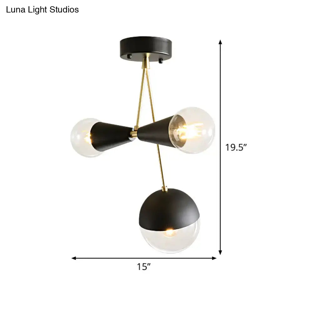 DecorBites™ Contemporary Black Ball and Hourglass Semi Flush Mount Ceiling Light with 3 Bulbs – Clear Glass