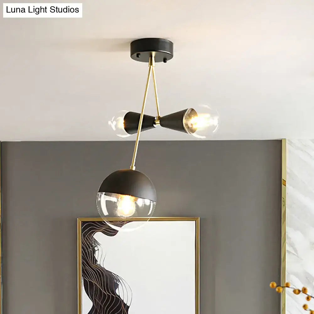 DecorBites™ Contemporary Black Ball and Hourglass Semi Flush Mount Ceiling Light with 3 Bulbs – Clear Glass