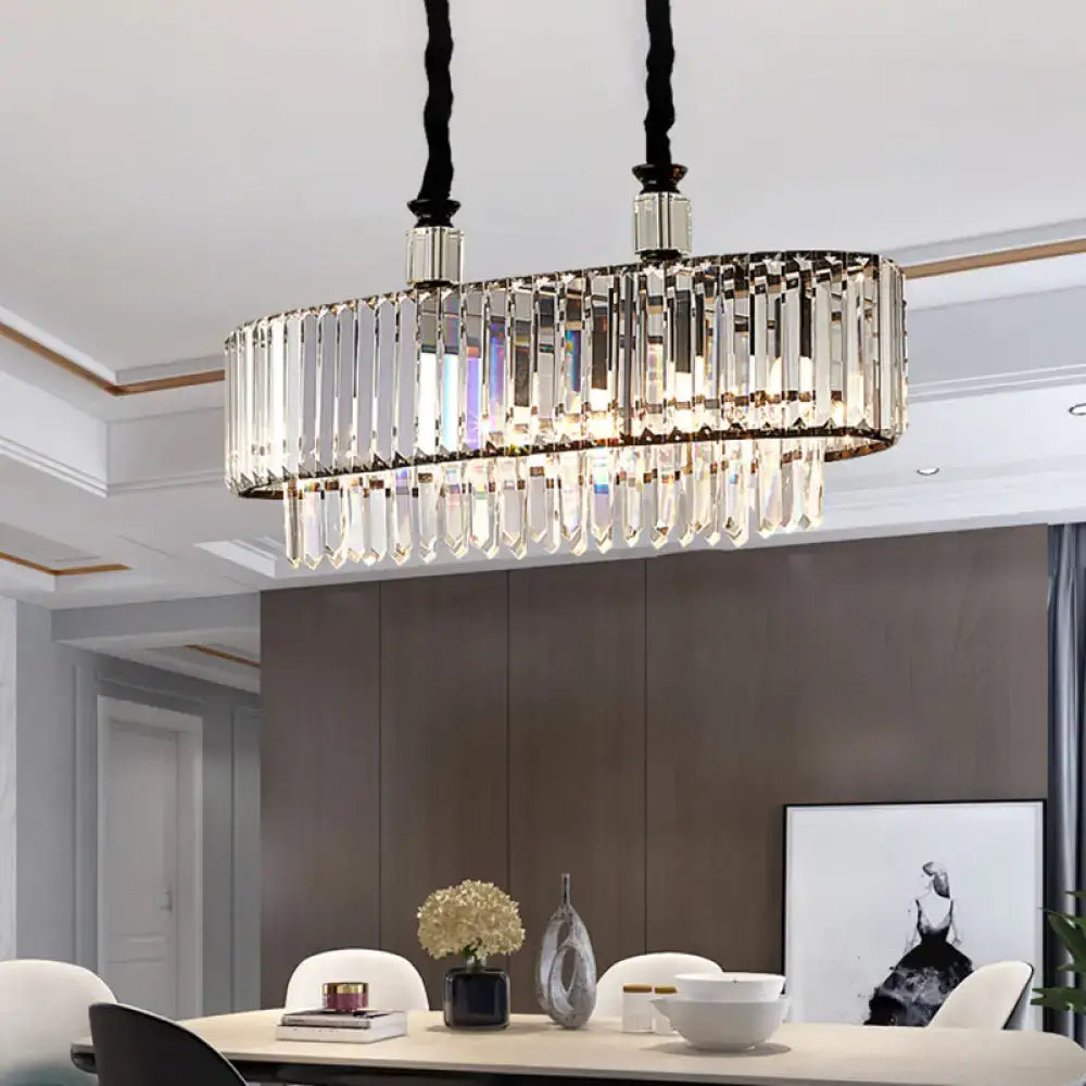 مصباح جزيرة عصري أسود معلق لغرفة الطعام من DecorBites™ بظل من بلورات المنشورية - 4/6 رؤوس، عرض 27.5/35.5 بوصة