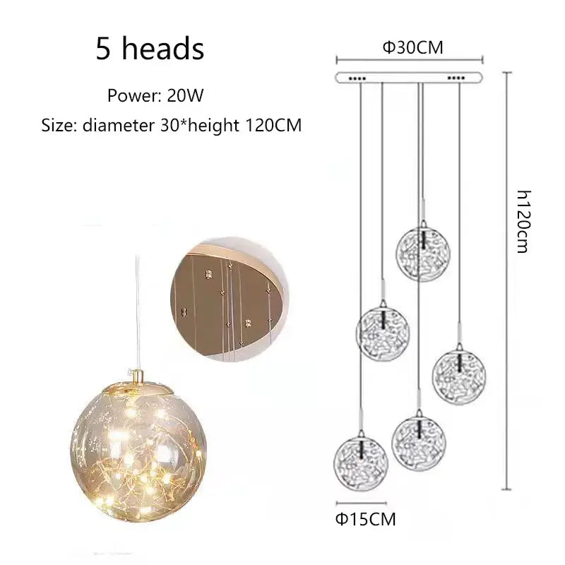 DecorBites™ contemporary crystal ball chandelier with five modern spiral glass globes and warm LED lighting for dining room