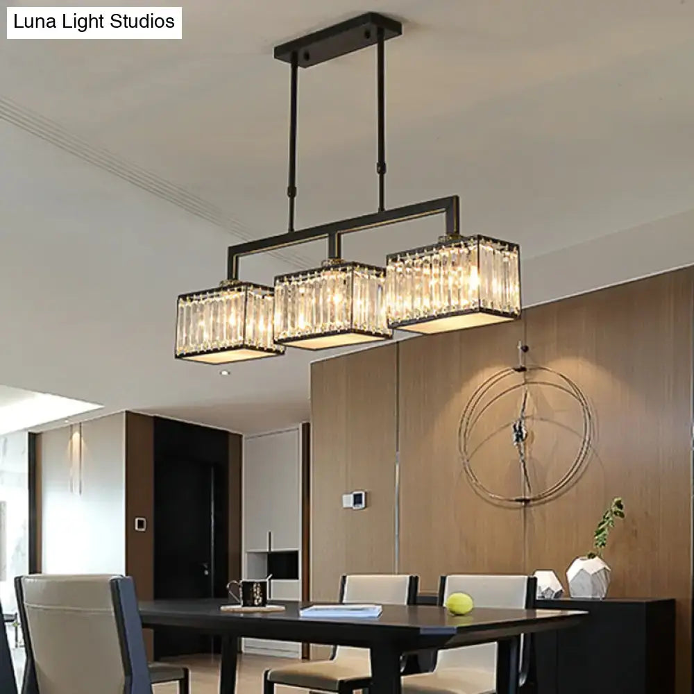 DecorBites™ Contemporary Crystal Black Chandelier Island Light Fixture - Cubic Dining Hall Lamp, 3 Bulbs