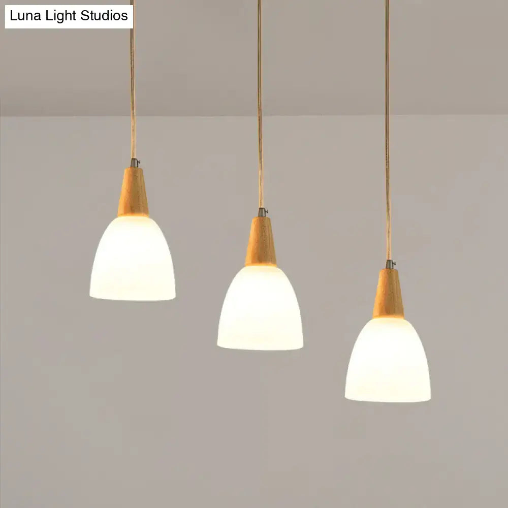 DecorBites™ Contemporary Frosted Glass Dome Pendant: 3-Light Beige Suspension Lamp with Wood Top