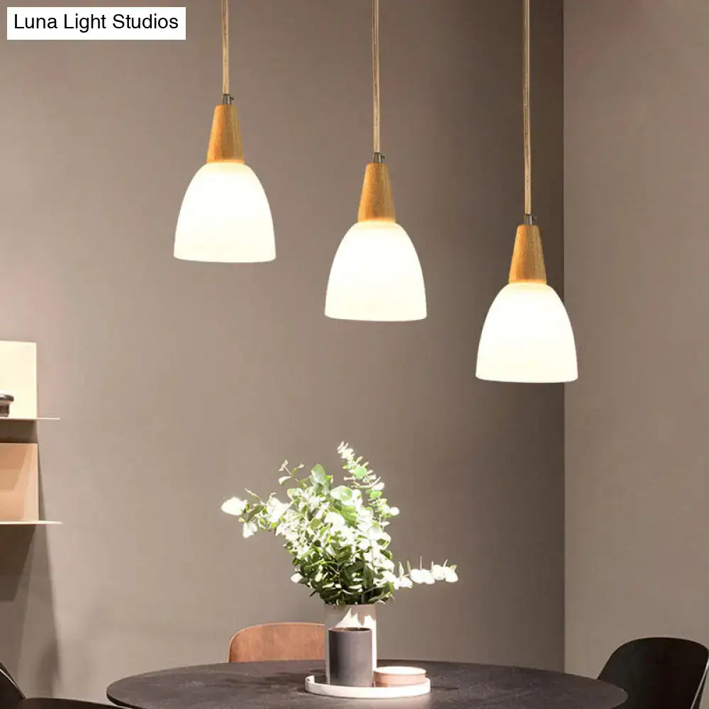 DecorBites™ Contemporary Frosted Glass Dome Pendant: 3-Light Beige Suspension Lamp with Wood Top
