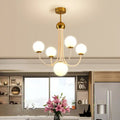 DecorBites™ contemporary gold glass spherical ceiling chandelier with five frosted glass globe lights and central pendant