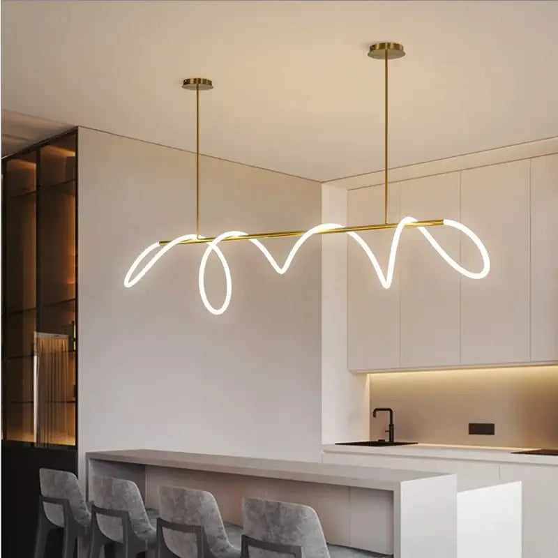 DecorBites™ contemporary led chandelier with gold tone and flowing white long hose led curves for dining room lighting
