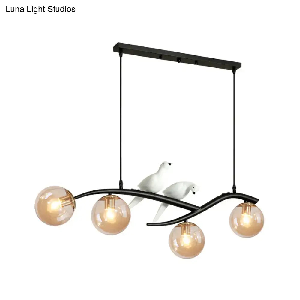 DecorBites™ Contemporary Metal Branch Hanging Lamp Island Pendant - 4-Light Black/Gold with Bird Deco and Smoke Grey/Cognac Glass Shade