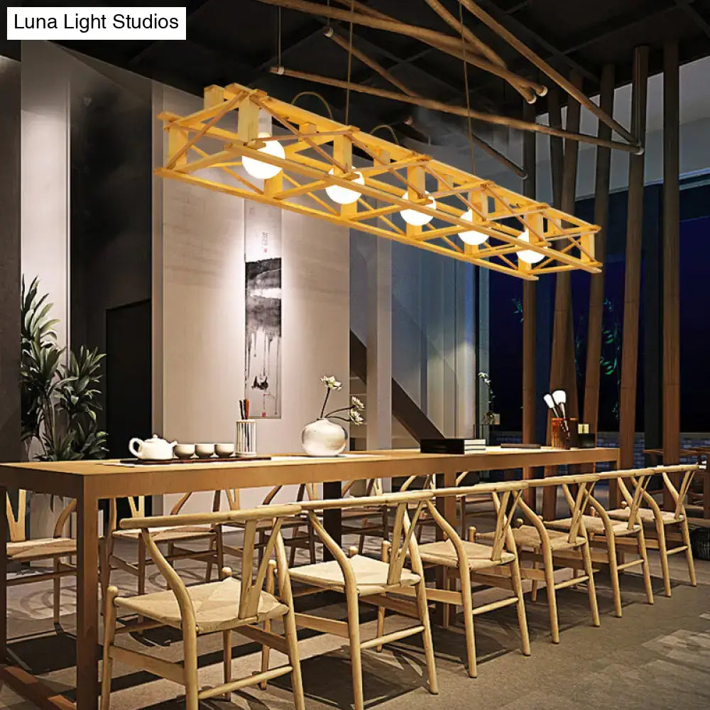 DecorBites™ Contemporary Wooden Beige Hanging Light - Rectangular Cage Island Lamp for Restaurants