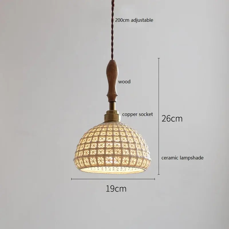 مصباح متدلي نحاسي سيراميك LED من DecorBites™ بمقبض خشبي لديكور المنزل