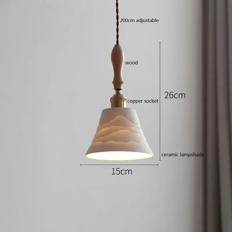 مصباح متدلي نحاسي سيراميك LED من DecorBites™ بمقبض خشبي لديكور المنزل