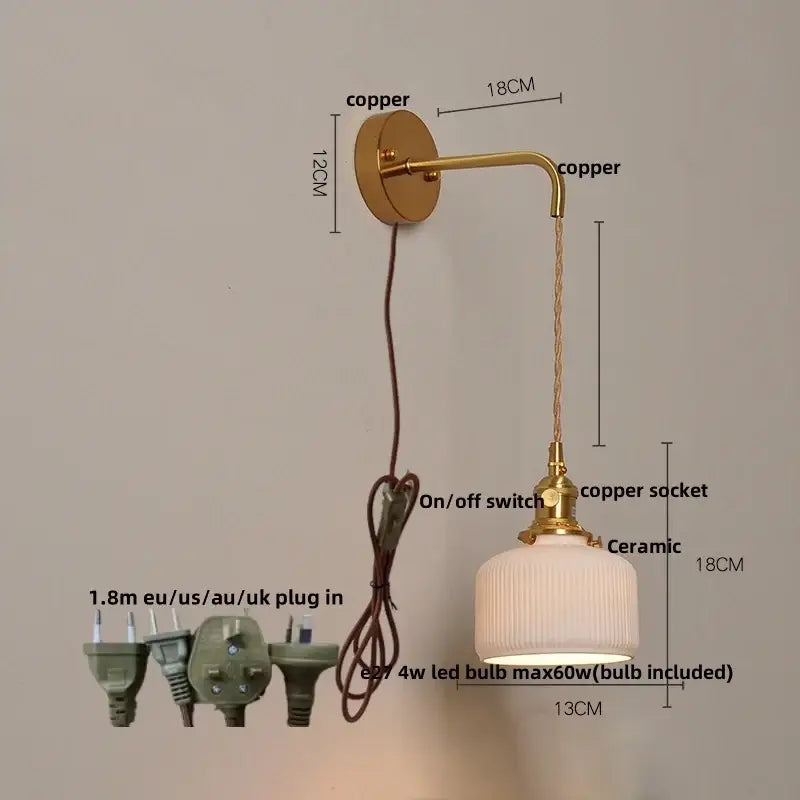 DecorBites™ Copper Ceramic LED Wall Light Fixture Pull Chain Switch Modern Wall Lamp