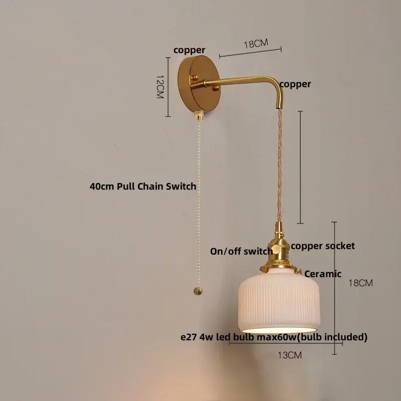 DecorBites™ Copper Ceramic LED Wall Light Fixture Pull Chain Switch Modern Wall Lamp