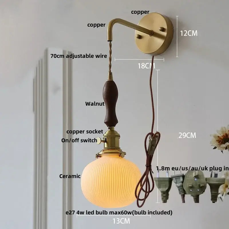 DecorBites™ Copper Ceramic LED Wall Light Fixture Pull Chain Switch Modern Wall Lamp