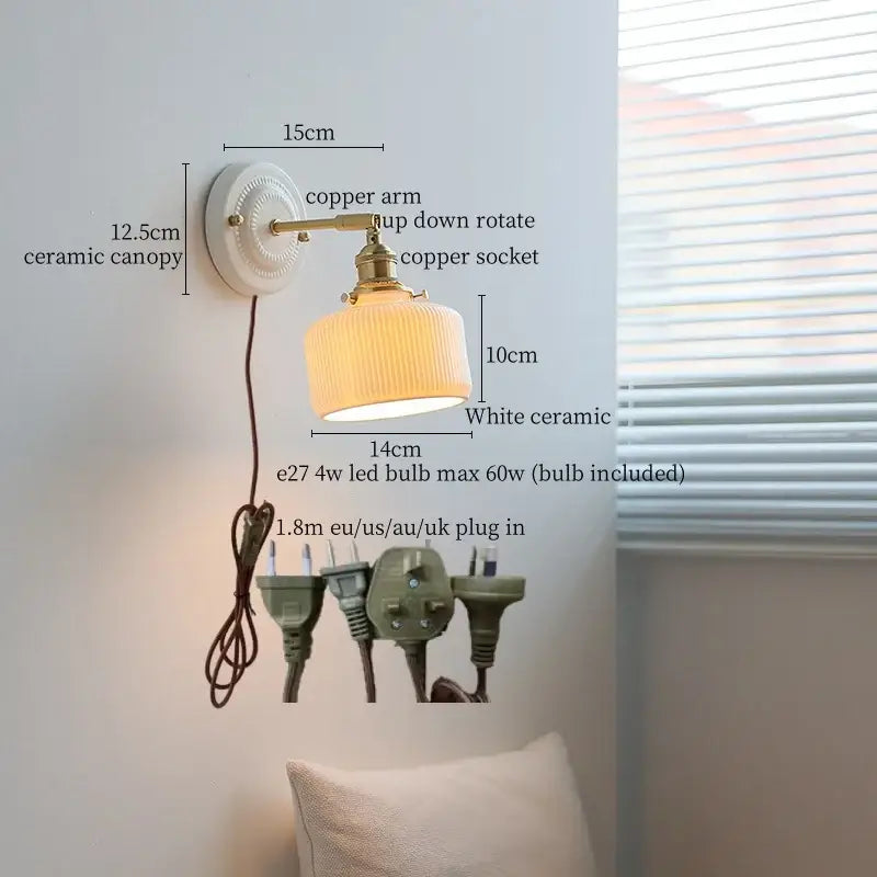 DecorBites™ Copper Ceramic LED Wall Light with Pull Chain Switch for Living Room Decor.