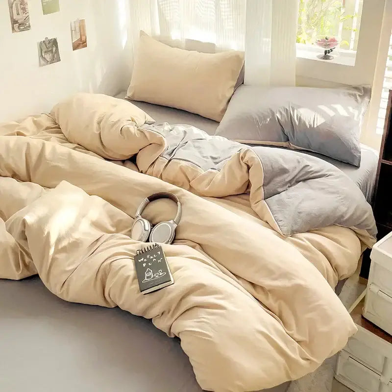 Cream-colored decorbites™ cotton bedding set with plush duvet cover and matching soft pillows for cozy comfort