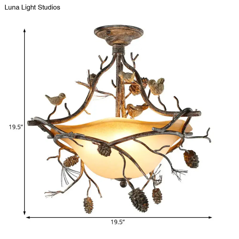 DecorBites™ Country Bronze 3-Light Bowl Semi Flush Mount with Frosted Glass - Ideal for Bedroom Lighting