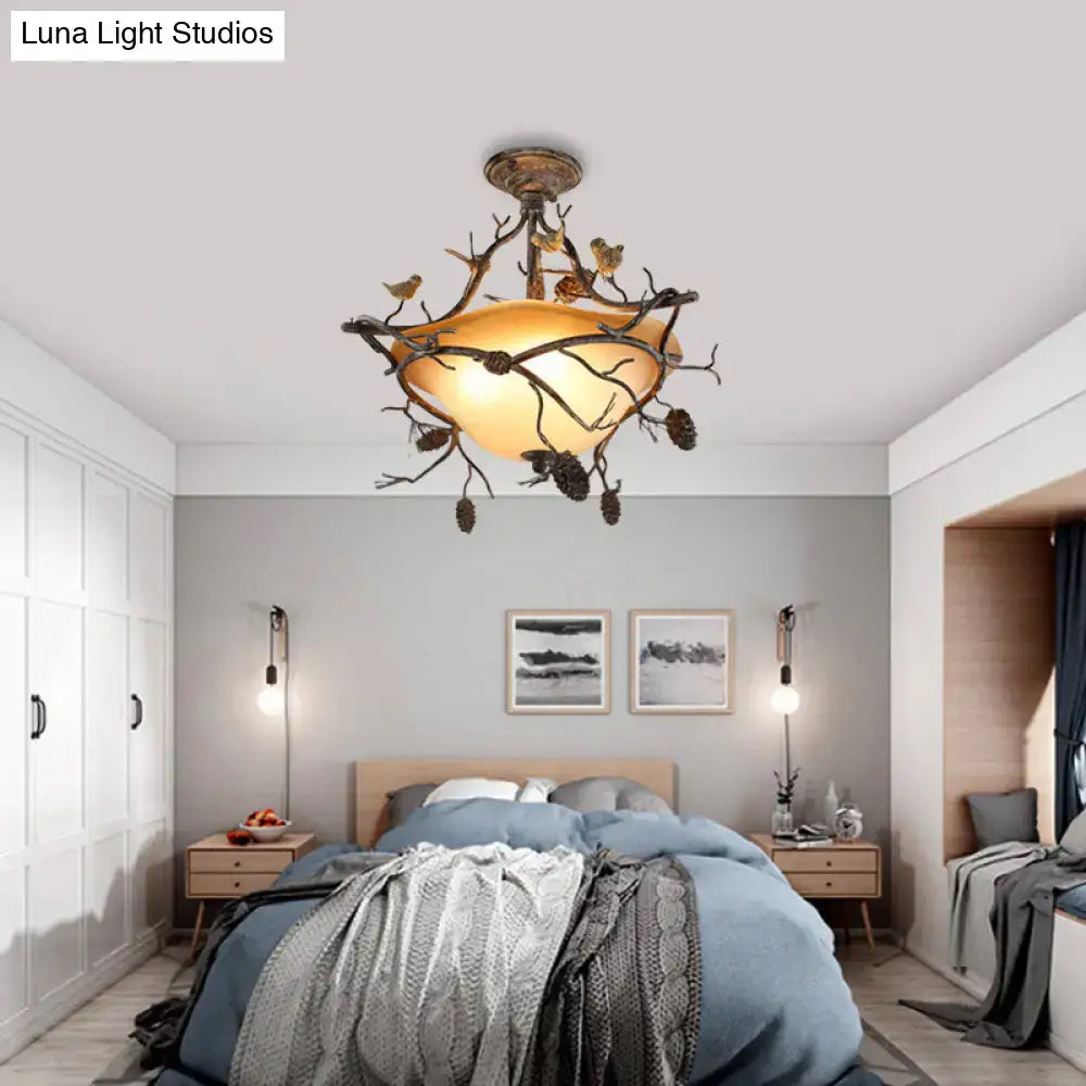 DecorBites™ Country Bronze 3-Light Bowl Semi Flush Mount with Frosted Glass - Ideal for Bedroom Lighting