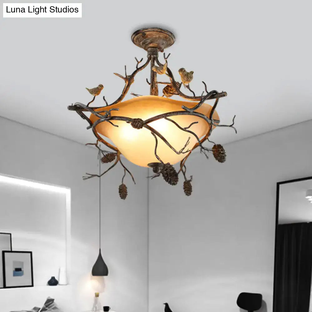 DecorBites™ Country Bronze 3-Light Bowl Semi Flush Mount with Frosted Glass - Ideal for Bedroom Lighting