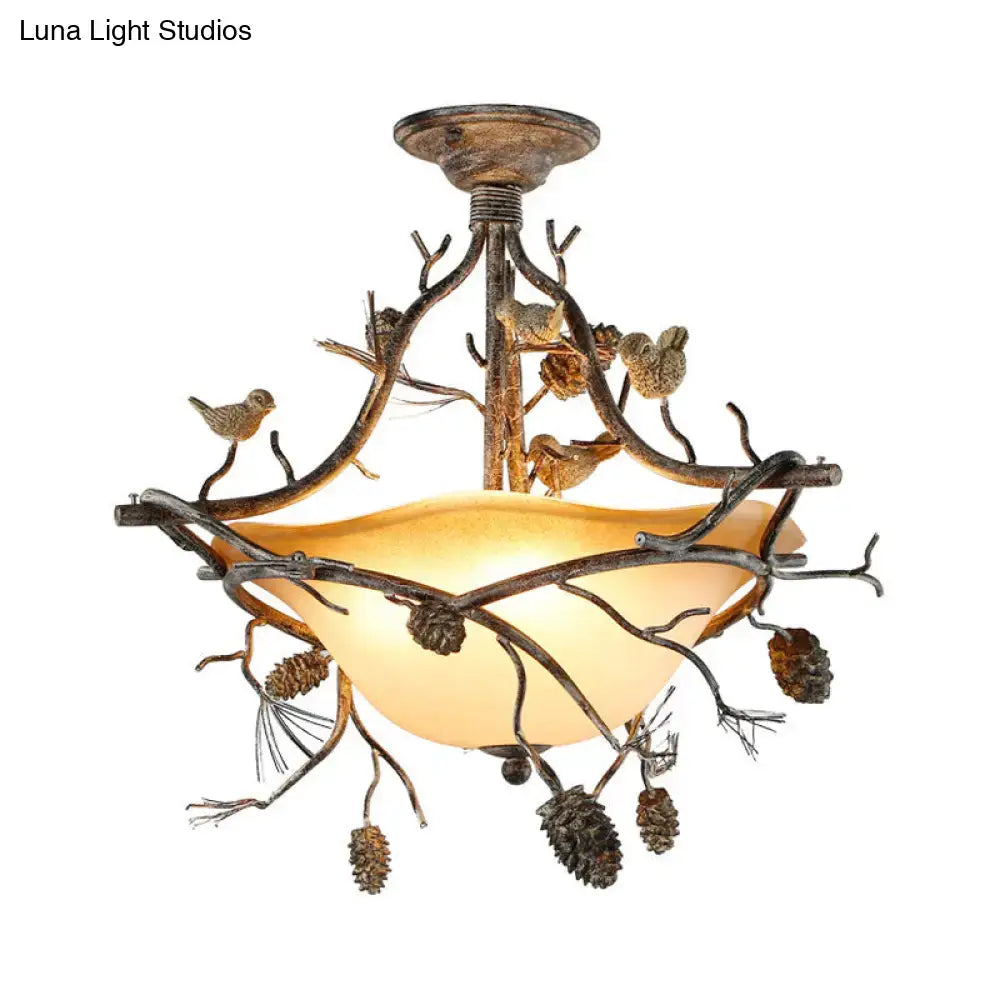 DecorBites™ Country Bronze 3-Light Bowl Semi Flush Mount with Frosted Glass - Ideal for Bedroom Lighting