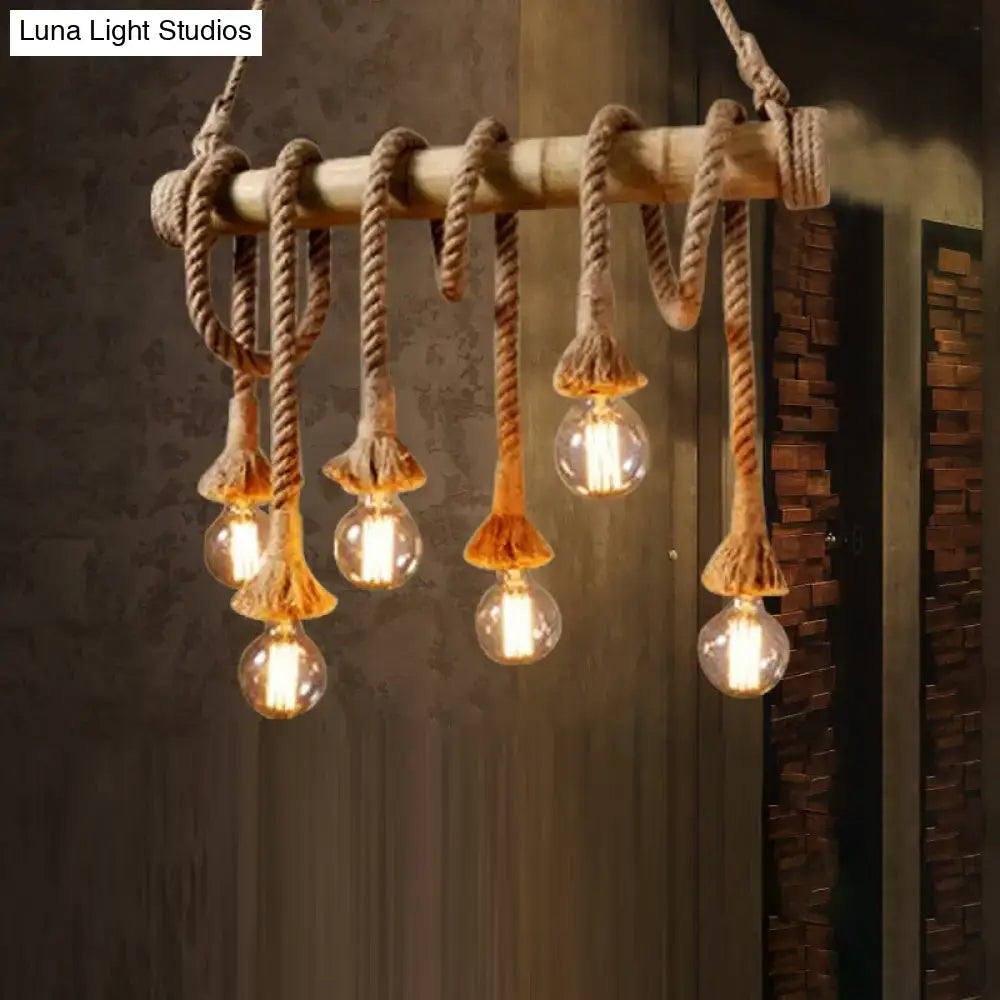DecorBites™ Country Hemp Rope Pendant Lighting with Bamboo Stick - 6 Bulbs, Brown Finish