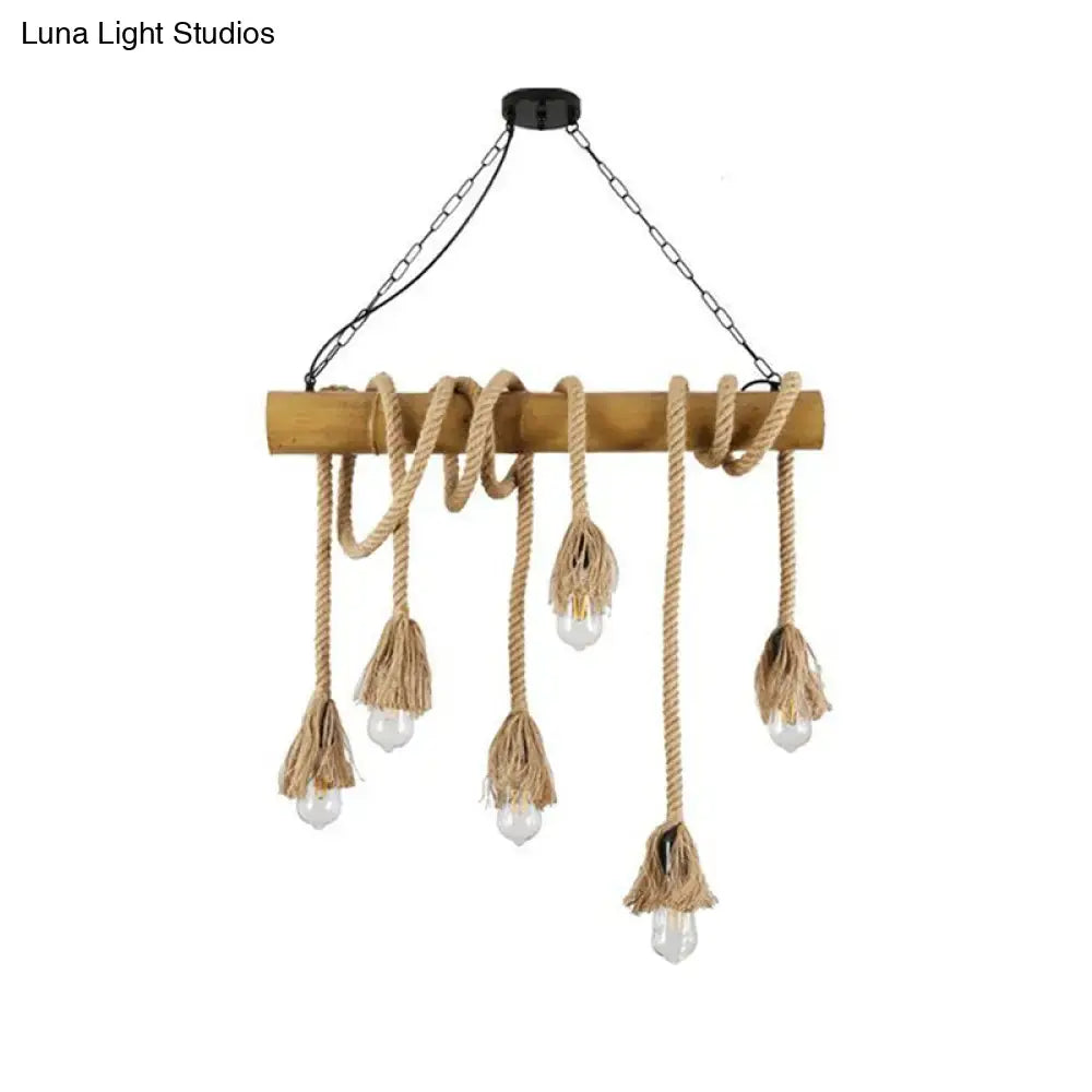 DecorBites™ Country Hemp Rope Pendant Lighting with Bamboo Stick - 6 Bulbs, Brown Finish