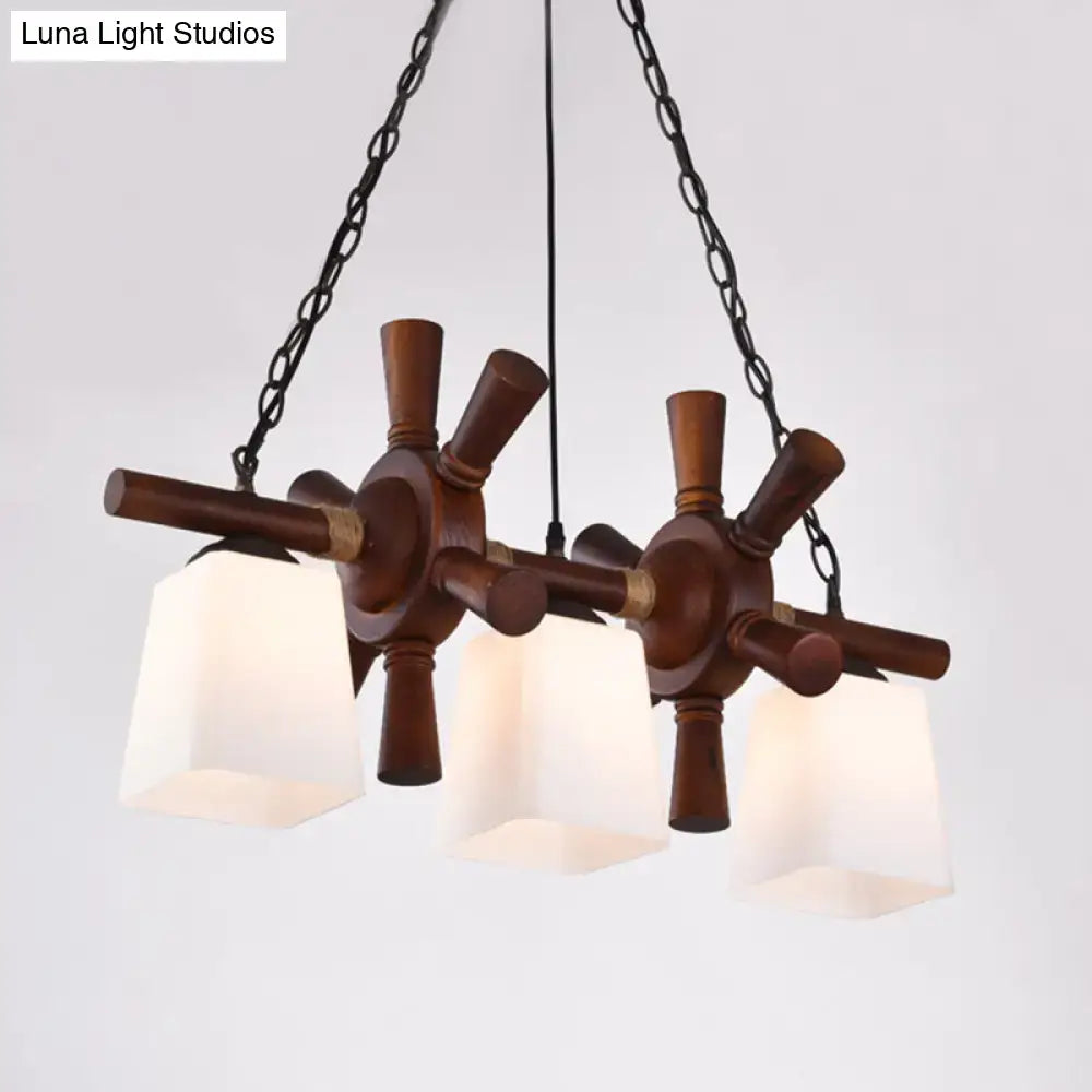 DecorBites™ Countryside Island Pendant Light with Wooden Rudder Deco - White Glass & Brown Trapezoid Style, 3 Bulbs