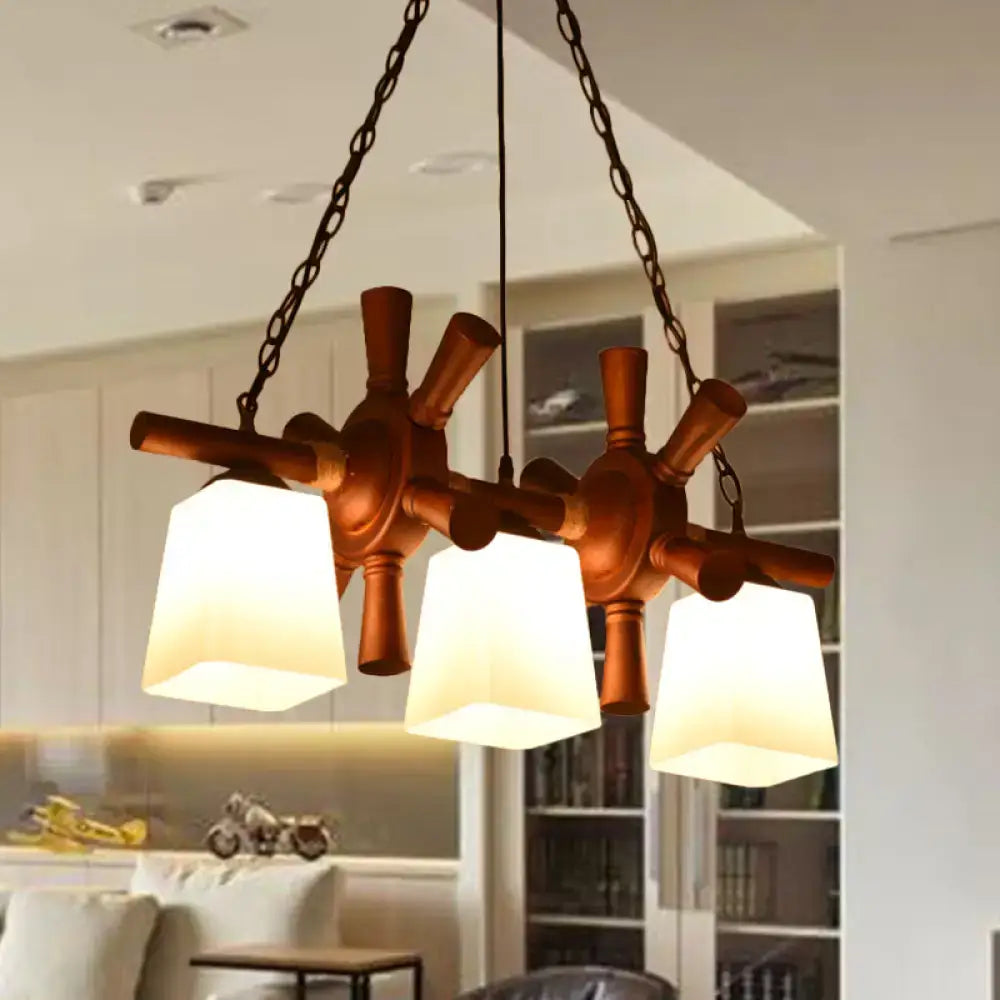 DecorBites™ Countryside Island Pendant Light with Wooden Rudder Deco - White Glass & Brown Trapezoid Style, 3 Bulbs