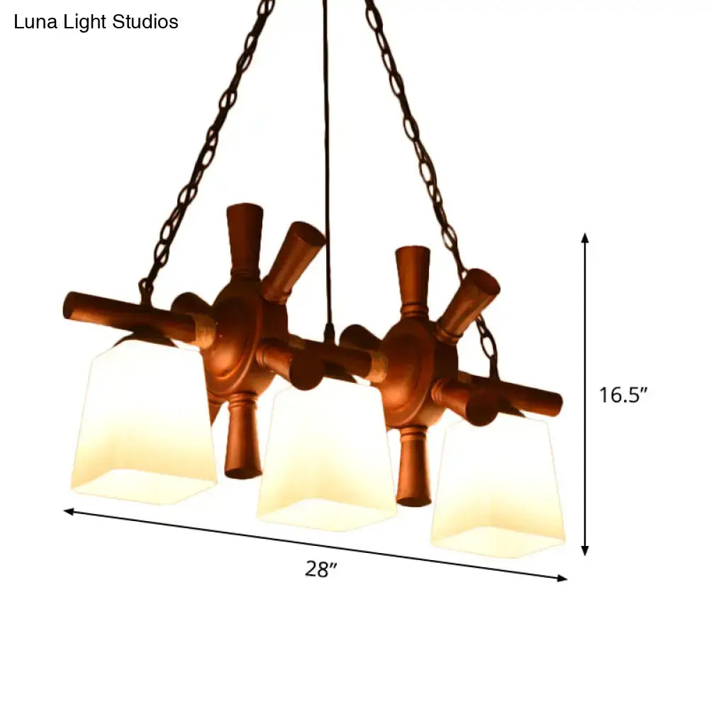 DecorBites™ Countryside Island Pendant Light with Wooden Rudder Deco - White Glass & Brown Trapezoid Style, 3 Bulbs